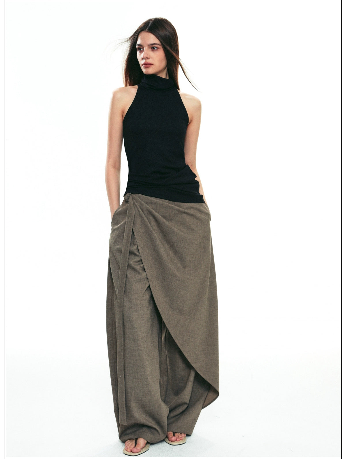 Draped Wrap Wide-Leg Pants