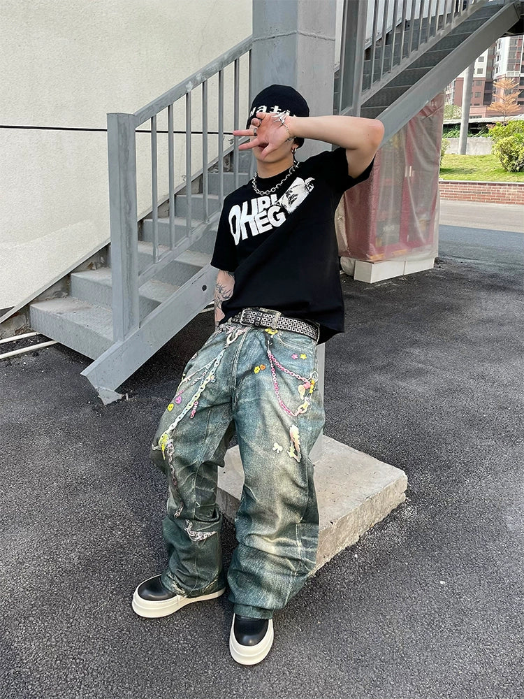 Graffiti Chain Washed Jeans
