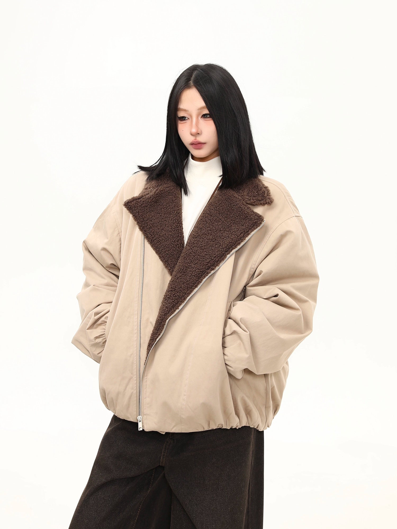 Sandstone Shearling Panel Zip Jacket