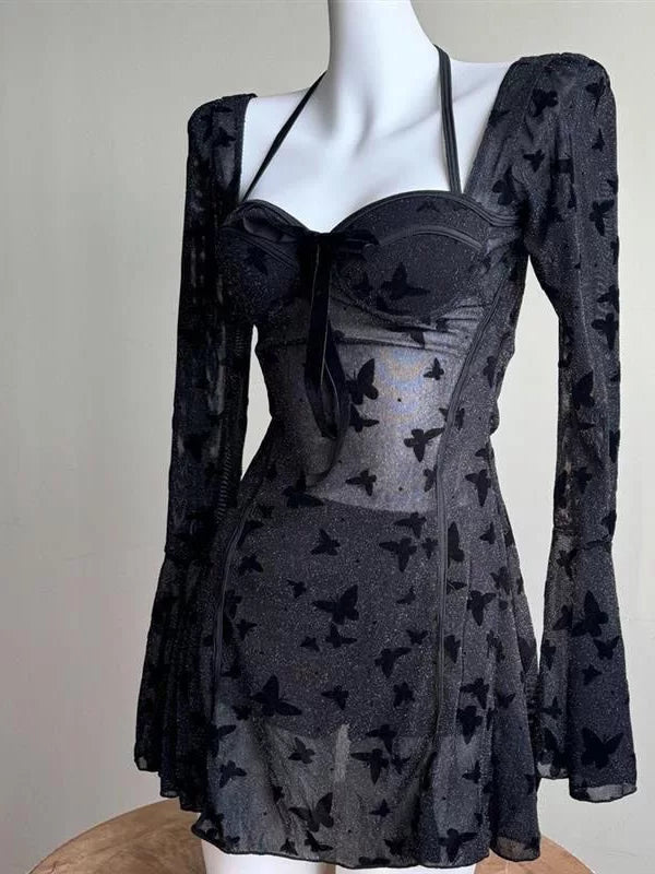 Midnight Flutter Sheer Butterfly Swim Dress