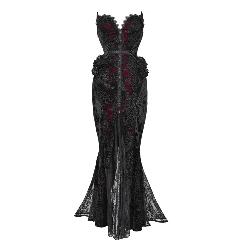 Gothic Black and Red Lace Mermaid Gown