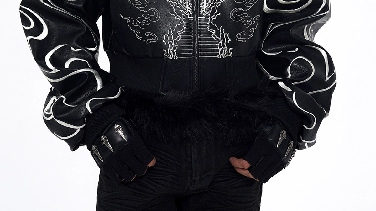 Black Cropped Graphic Leather Jacket