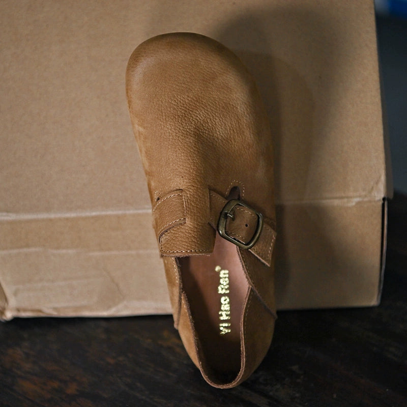 Brown Buckle Leather Slip-Ons