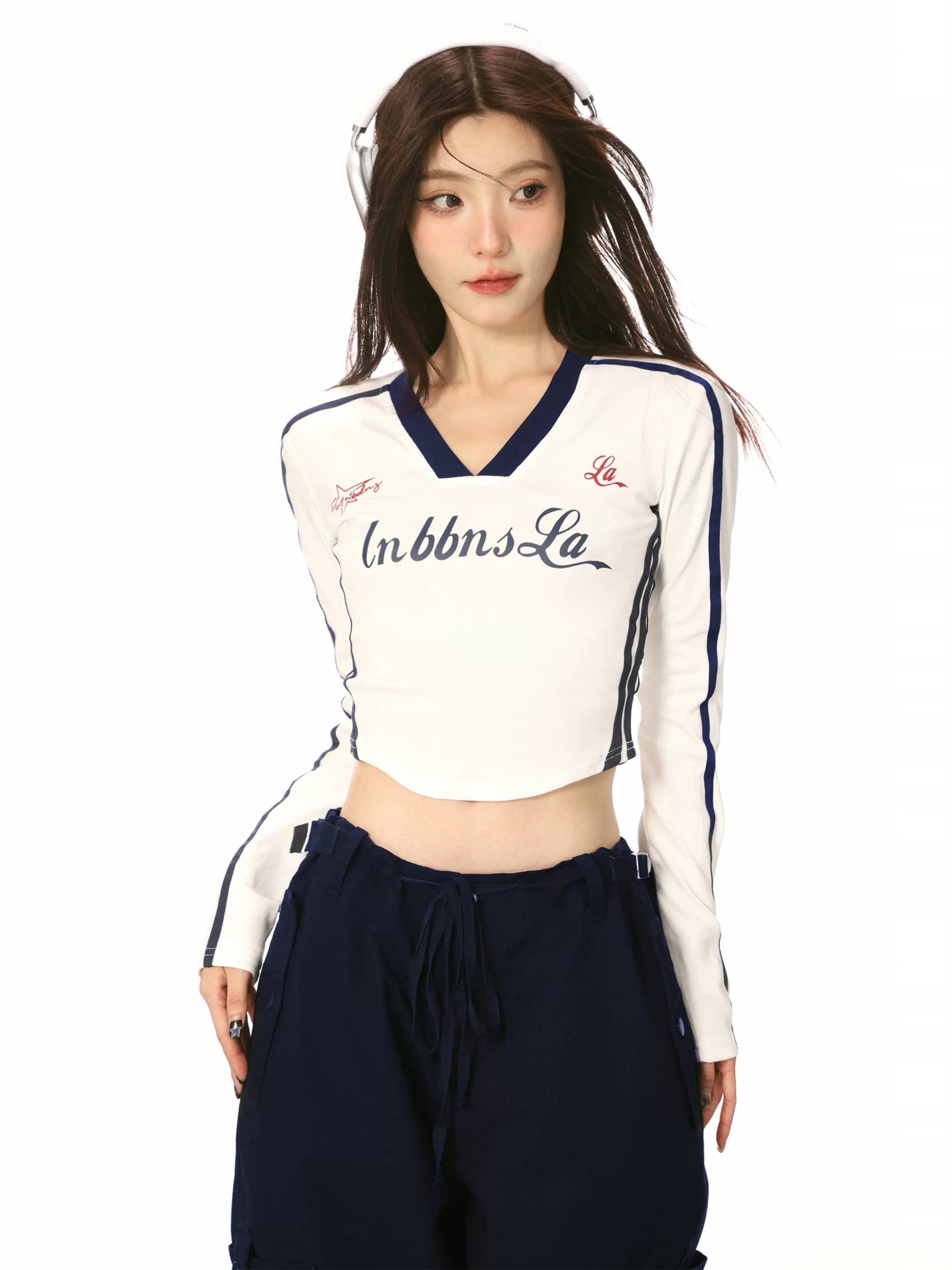 V-Ausschnitt Ribbon Farbblock Long Sleeve T-Shirt