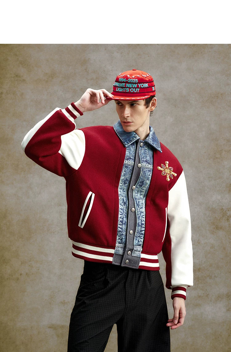 Denim Panel Embroidered Varsity Bomber Jacket
