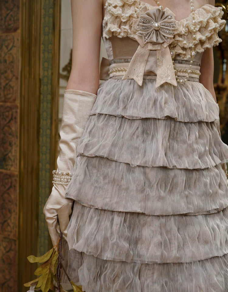 Cream Ruffle Bow Tiered Midi Dress
