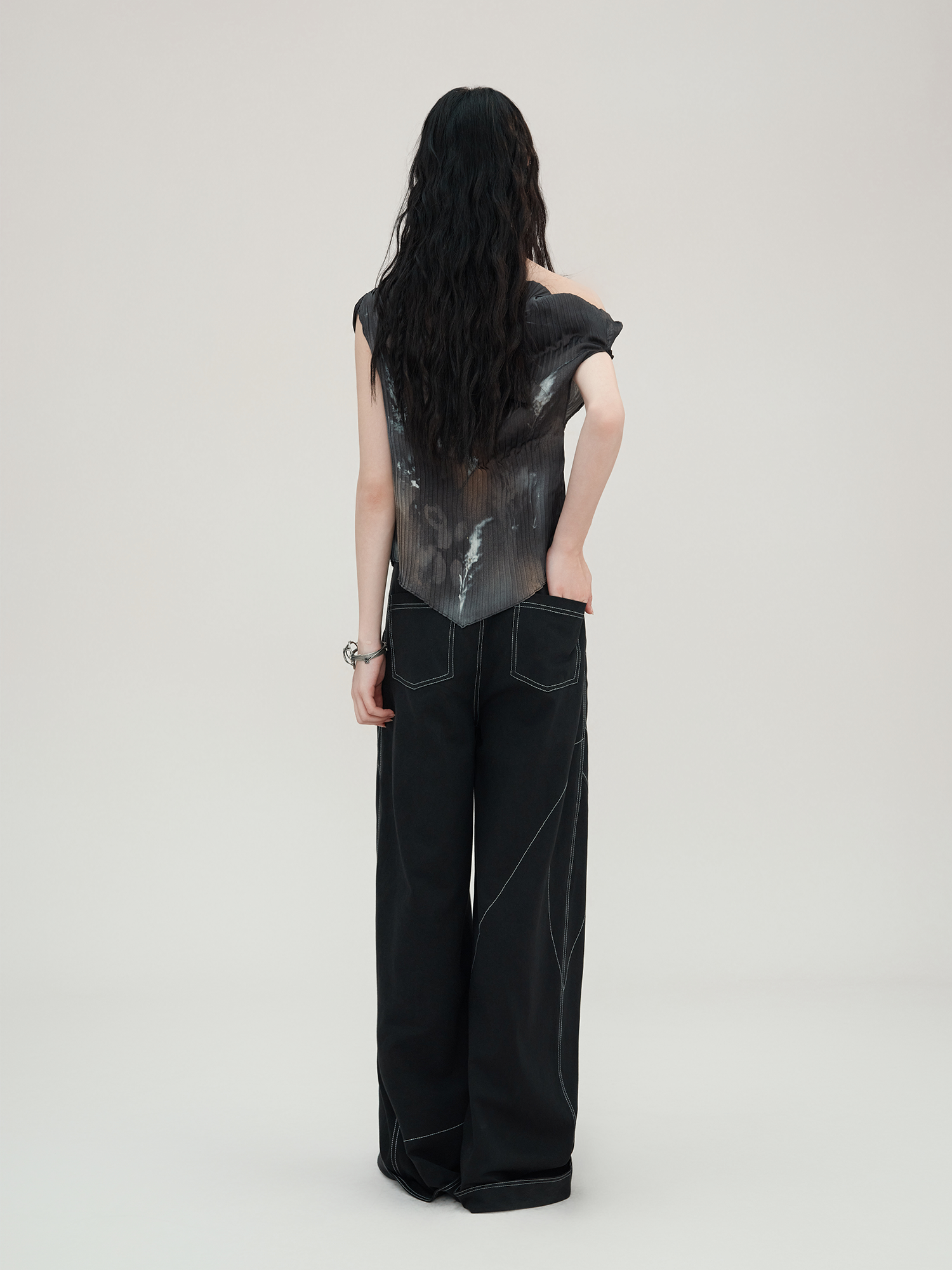 Black Contrast Stitch Wide Leg Pants