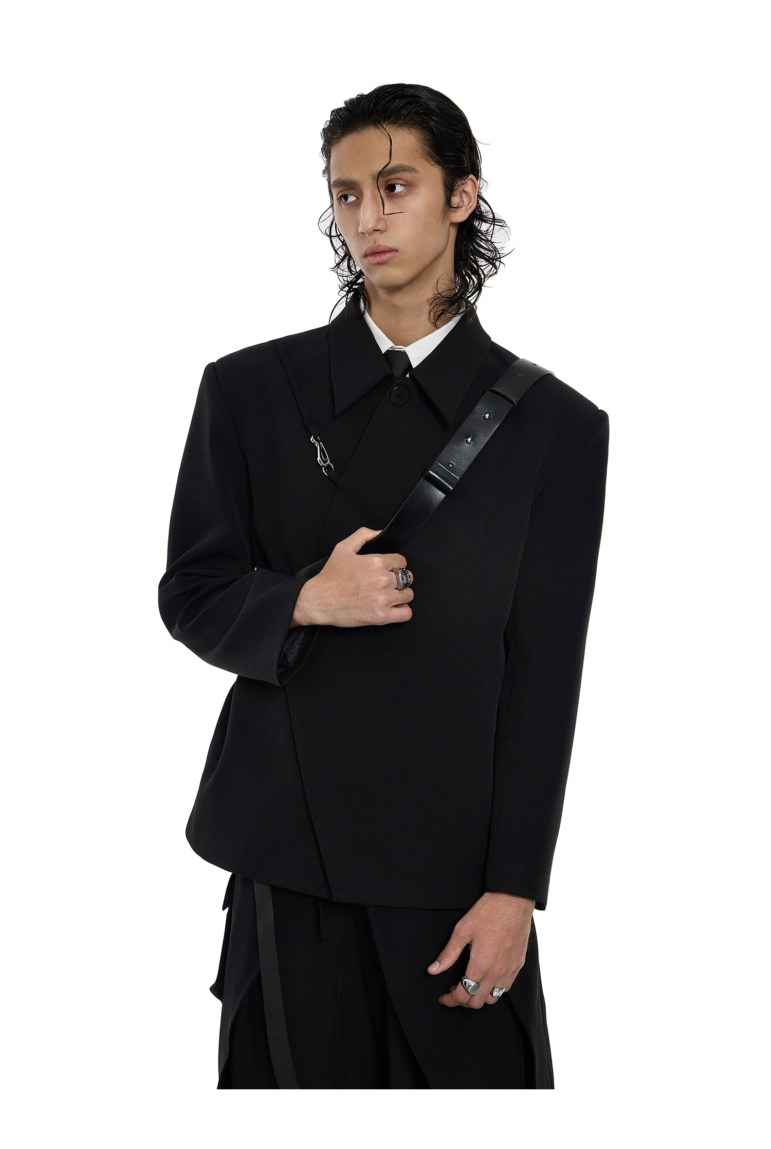 Asymmetrical Black Blazer with Safety Pin Detail