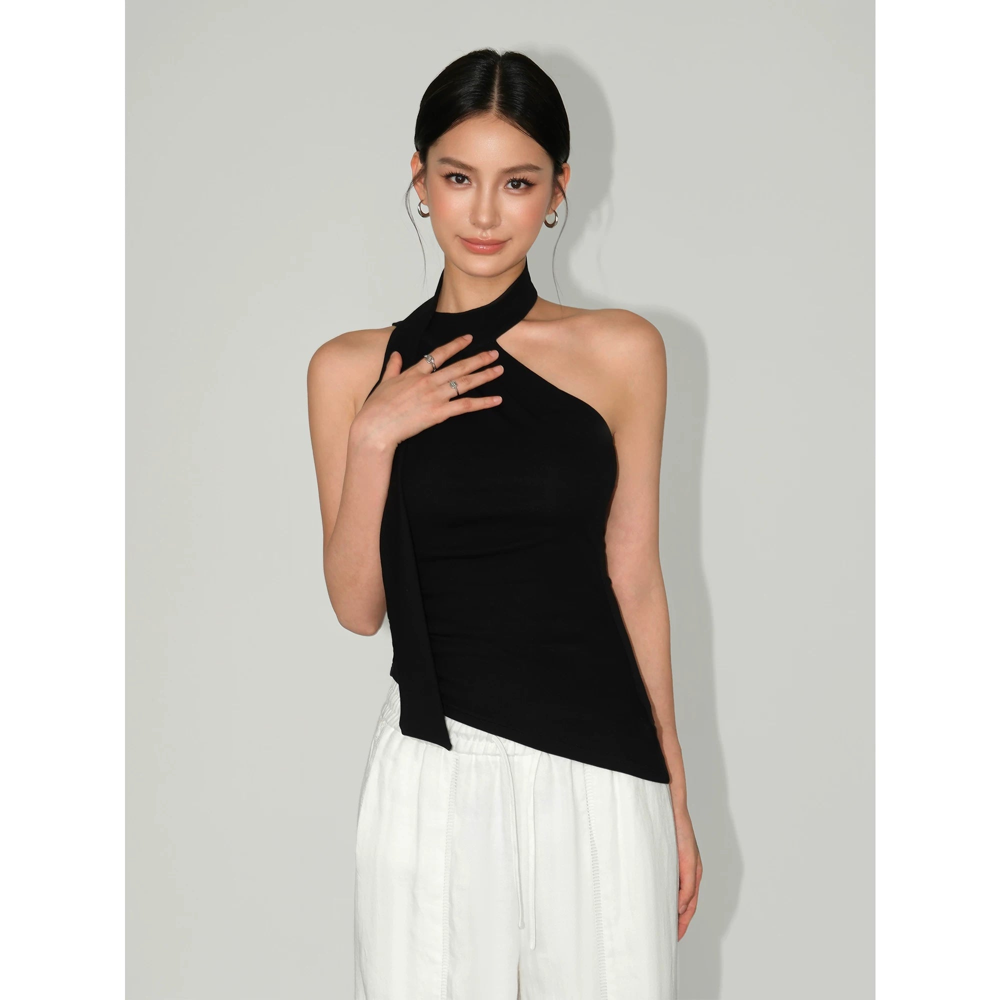 Ribbon Drape Asymmetric Halter Top