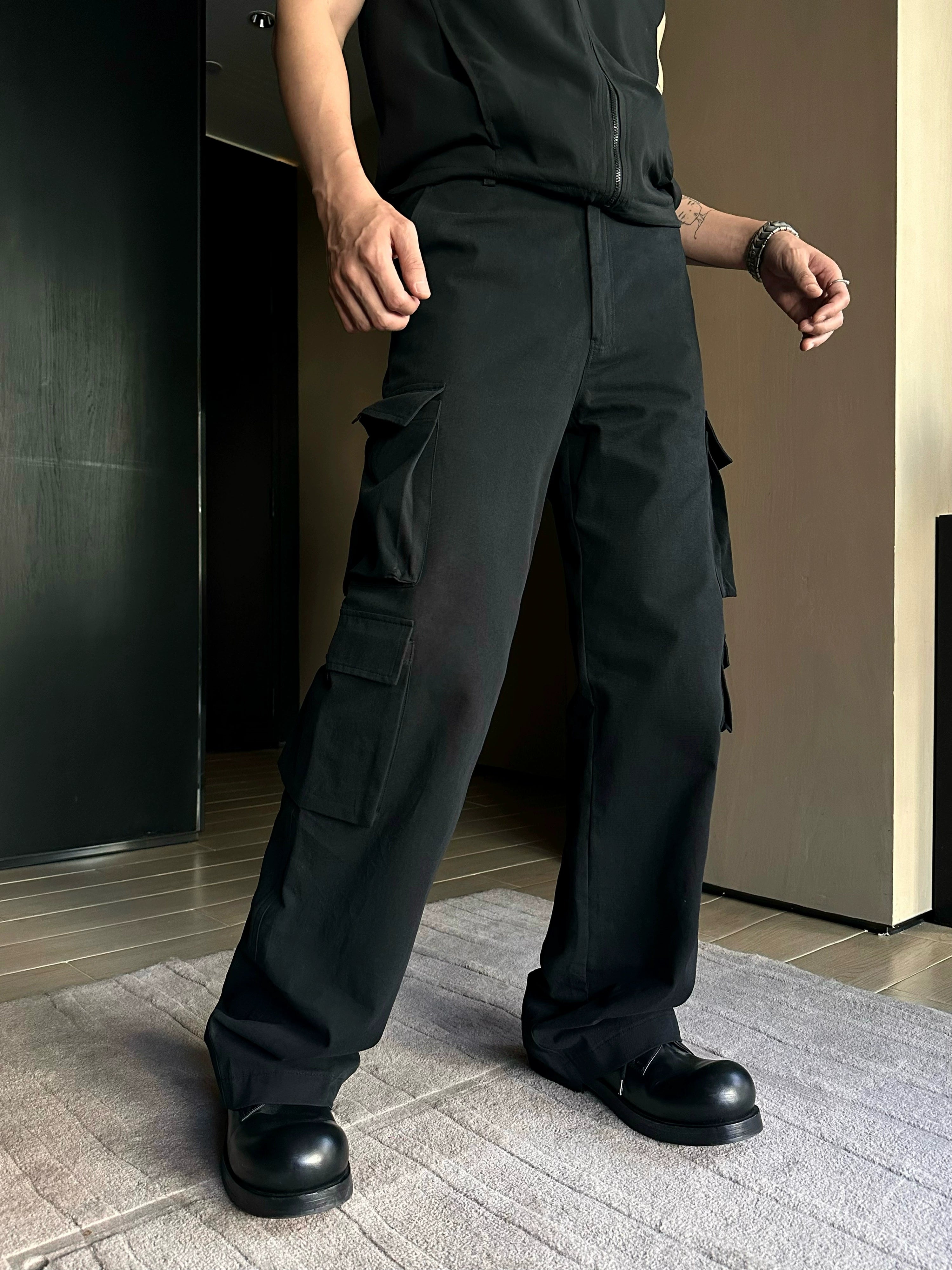 Wide Leg Black Tactical Cargo Pants