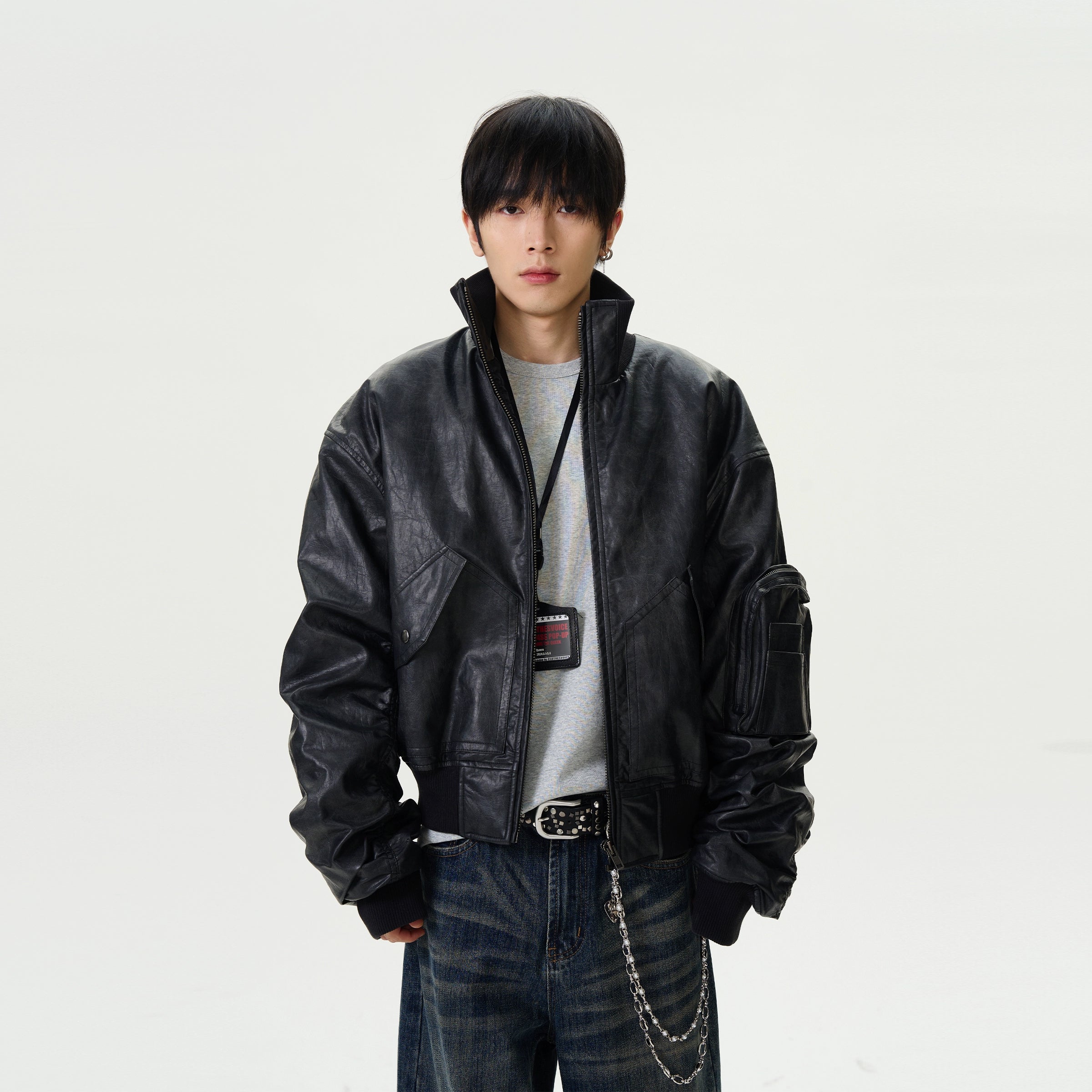 Functional Pocket Faux Leather Bomber Jacket