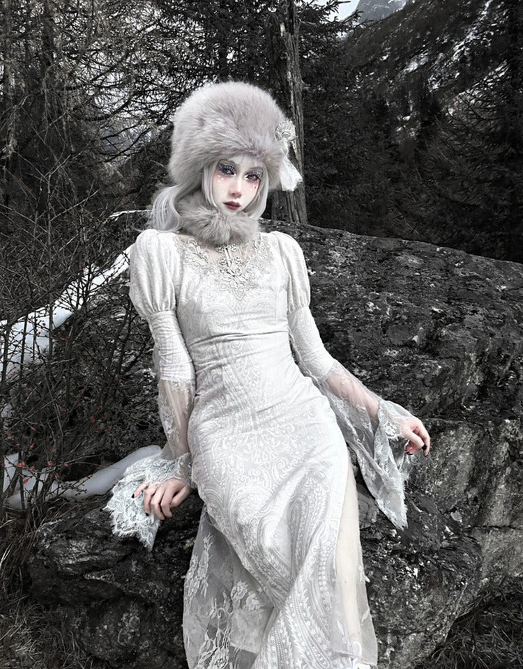 Vintage White Lace Angel Sleeve Dress