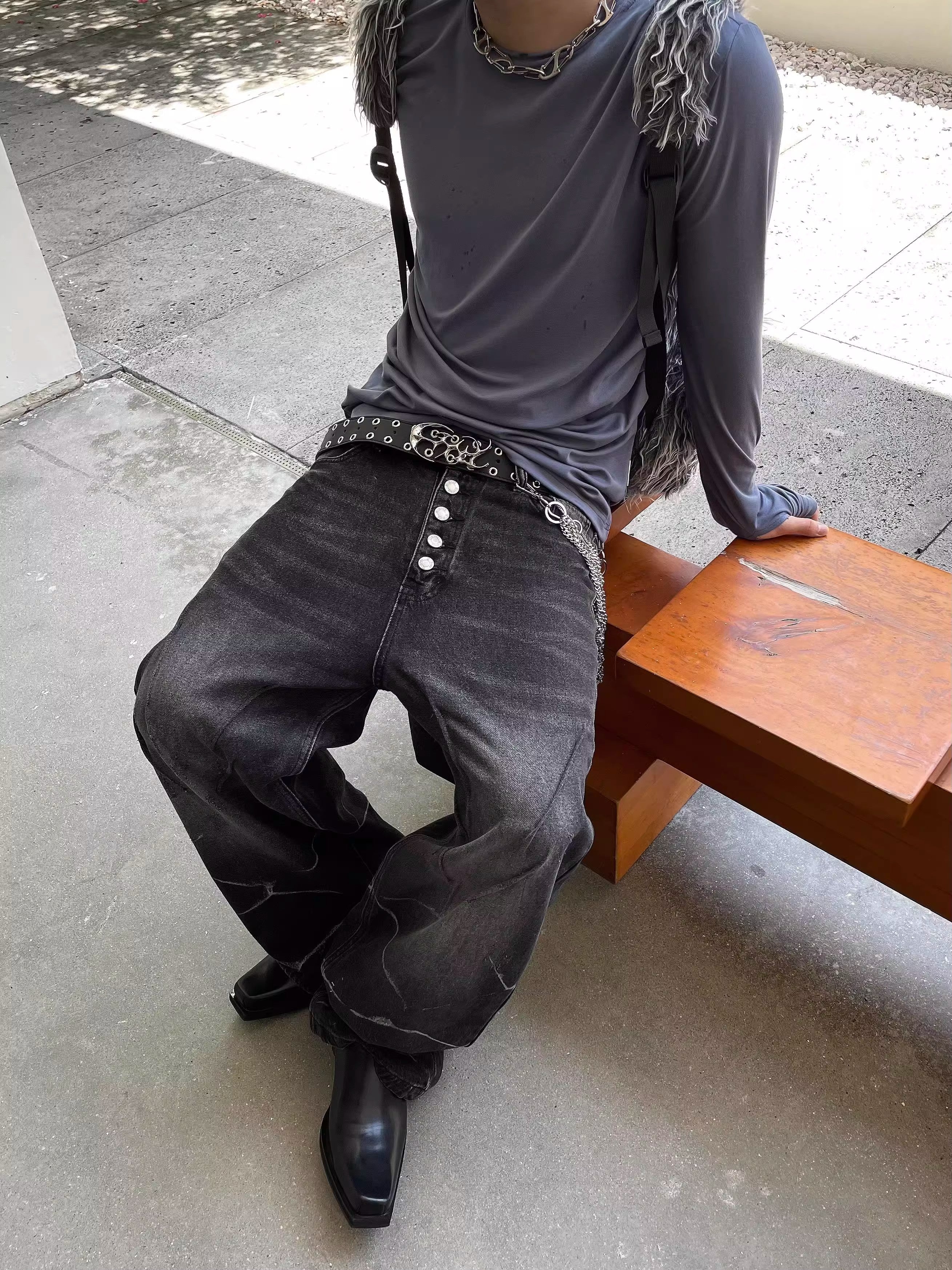 Black Marble Wash Wide-Leg Jeans