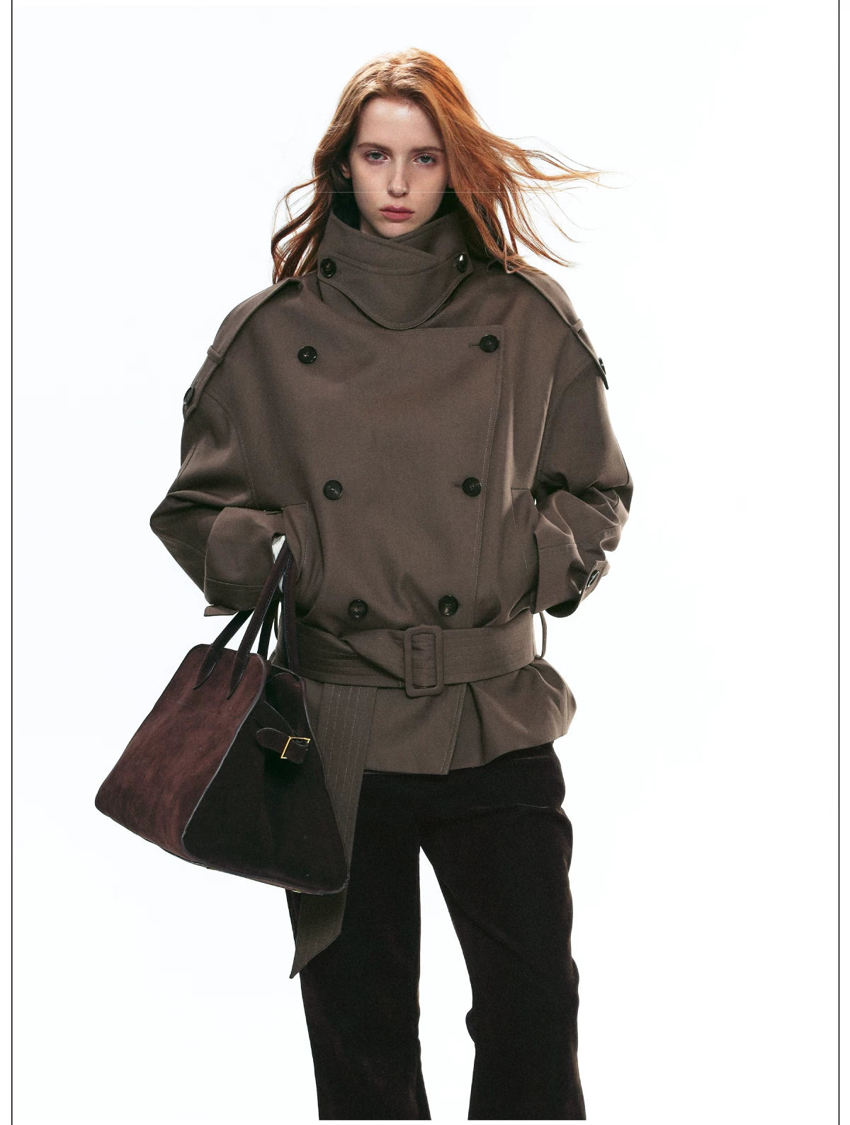 Draped Collar Belted Trench Jacket