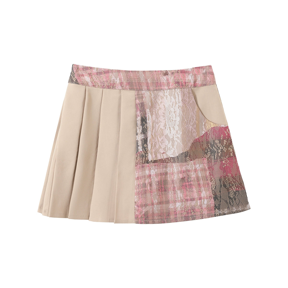 Pink Plaid Textured Blazer with Pleated Details and Beige Accents