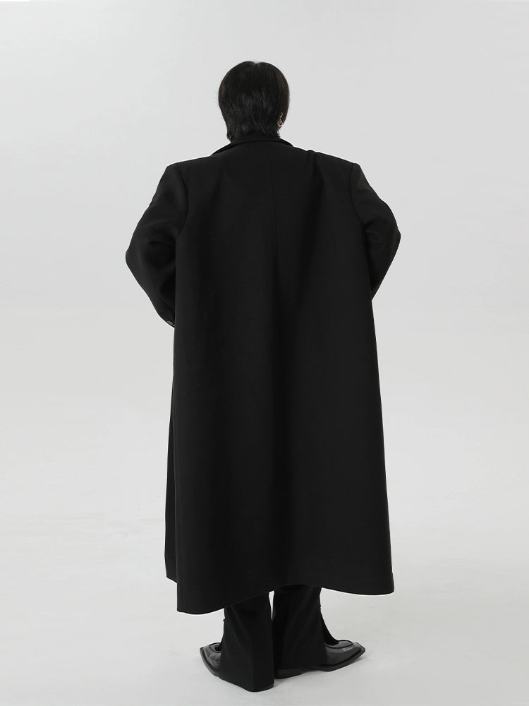 Single-Breasted Black Long Overcoat