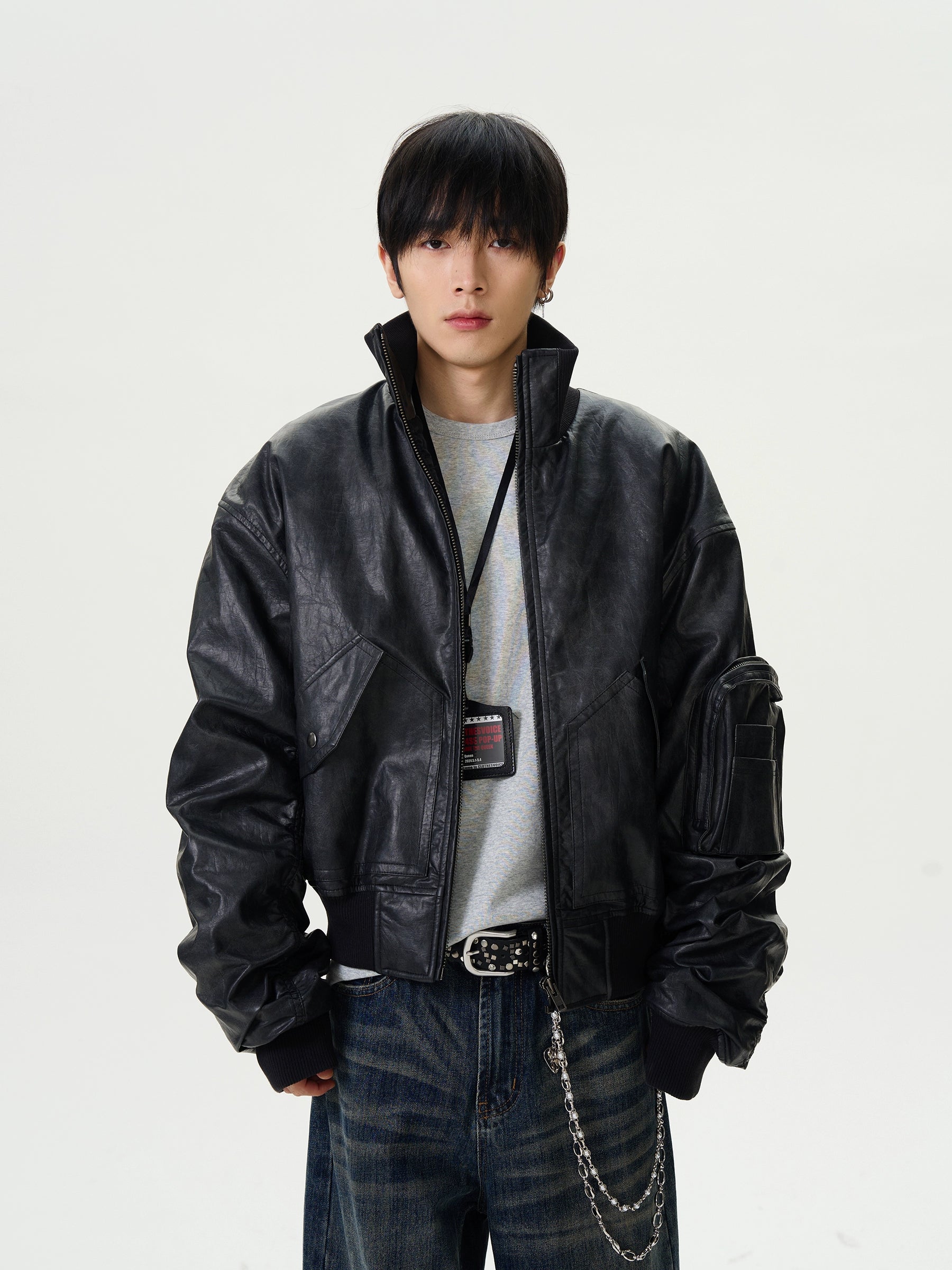 Functional Pocket Faux Leather Bomber Jacket