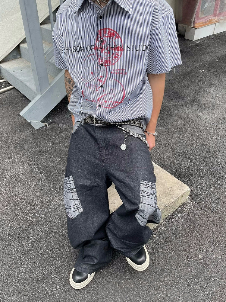 Abstract Patchwork Pocket Wide-Leg Jeans