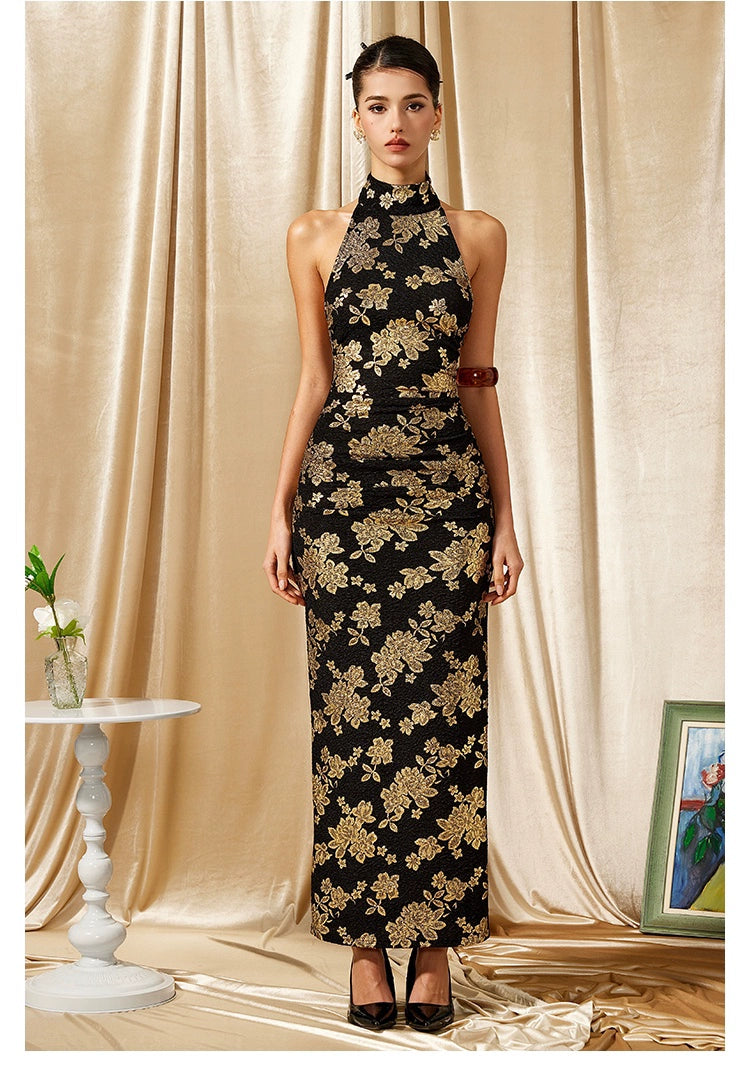 Modern Cheongsam With Gold Print Halter Evening Dress - chiclara