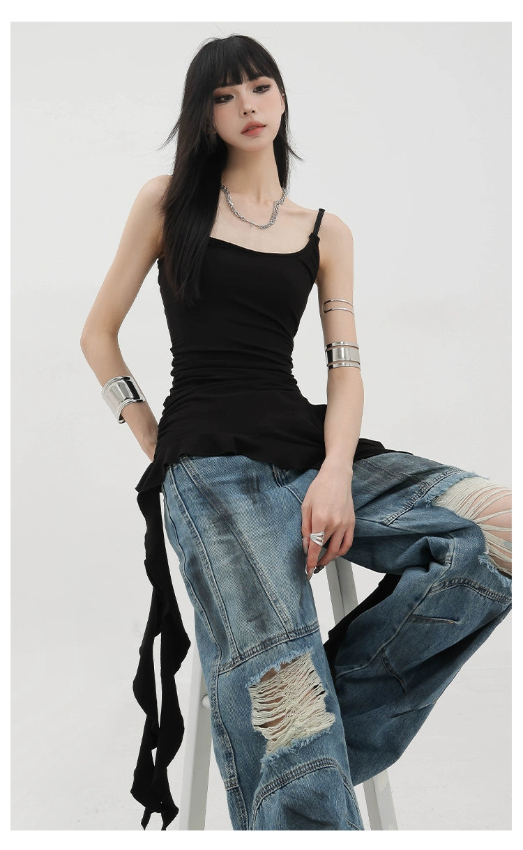 Black Asymmetric Ribbon Strap Tank Top With Ruffle Edge Design - chiclara