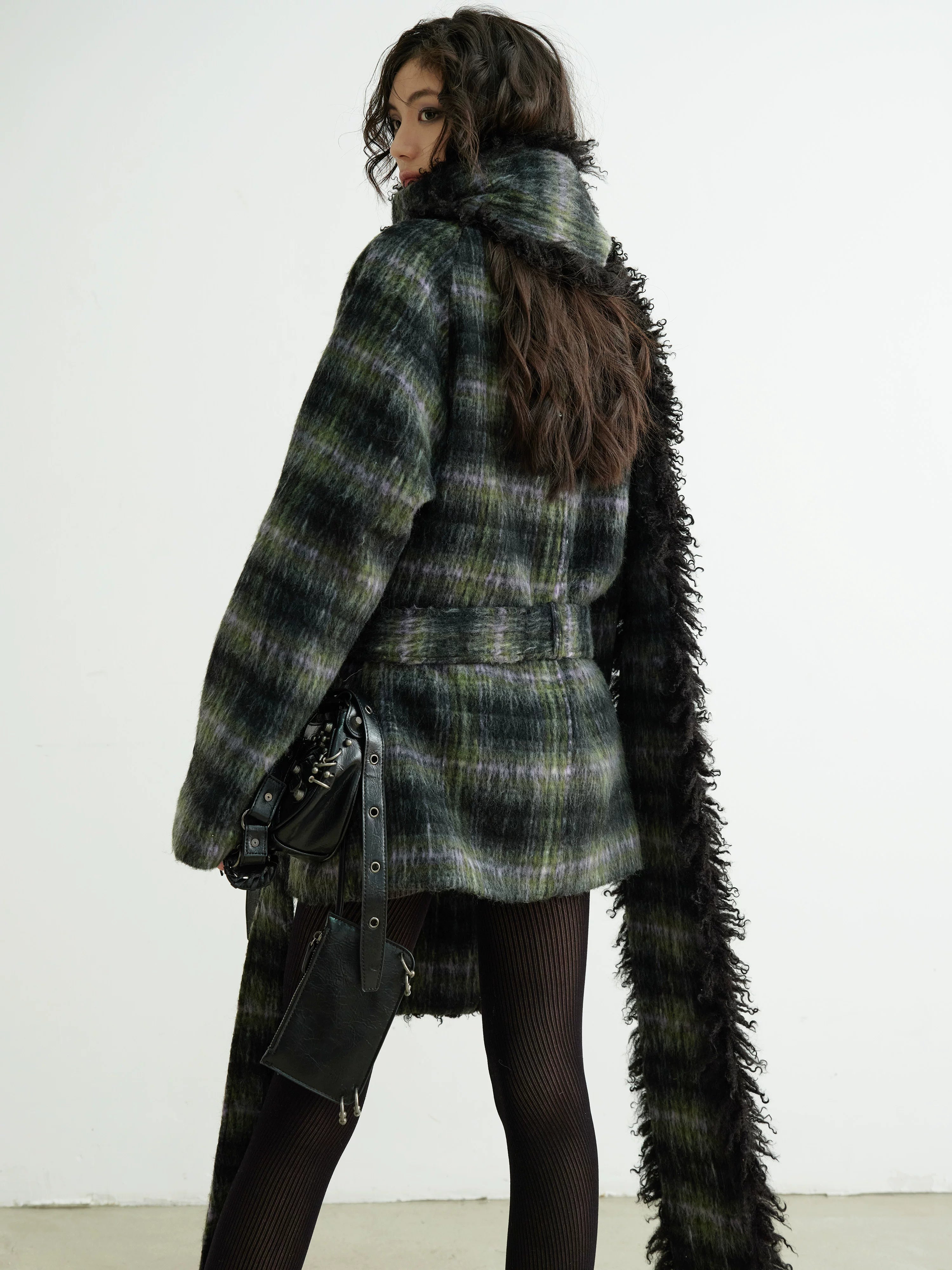 Shadow Plaid Fringe Wrap Coat