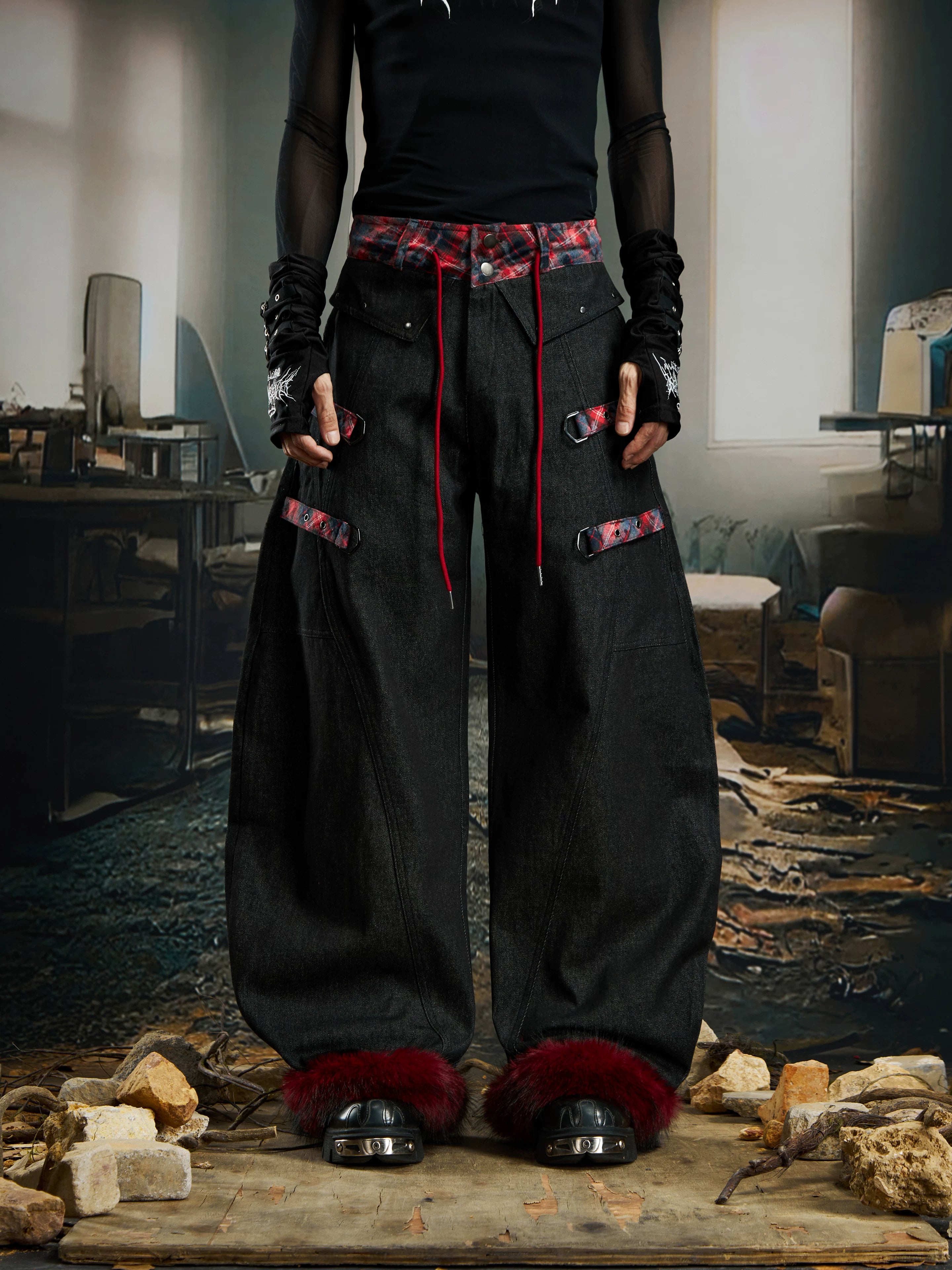 Cuff Flannel‑Trim Furry Hem Pants