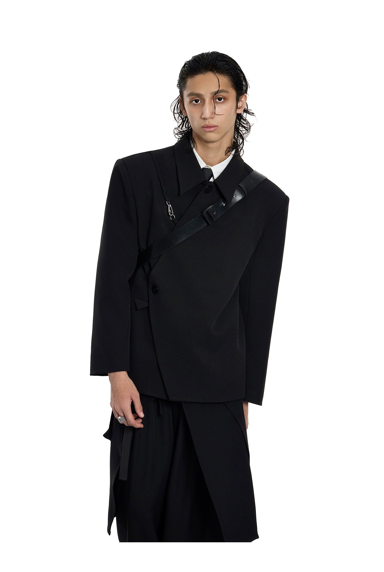 Asymmetrical Black Blazer with Safety Pin Detail