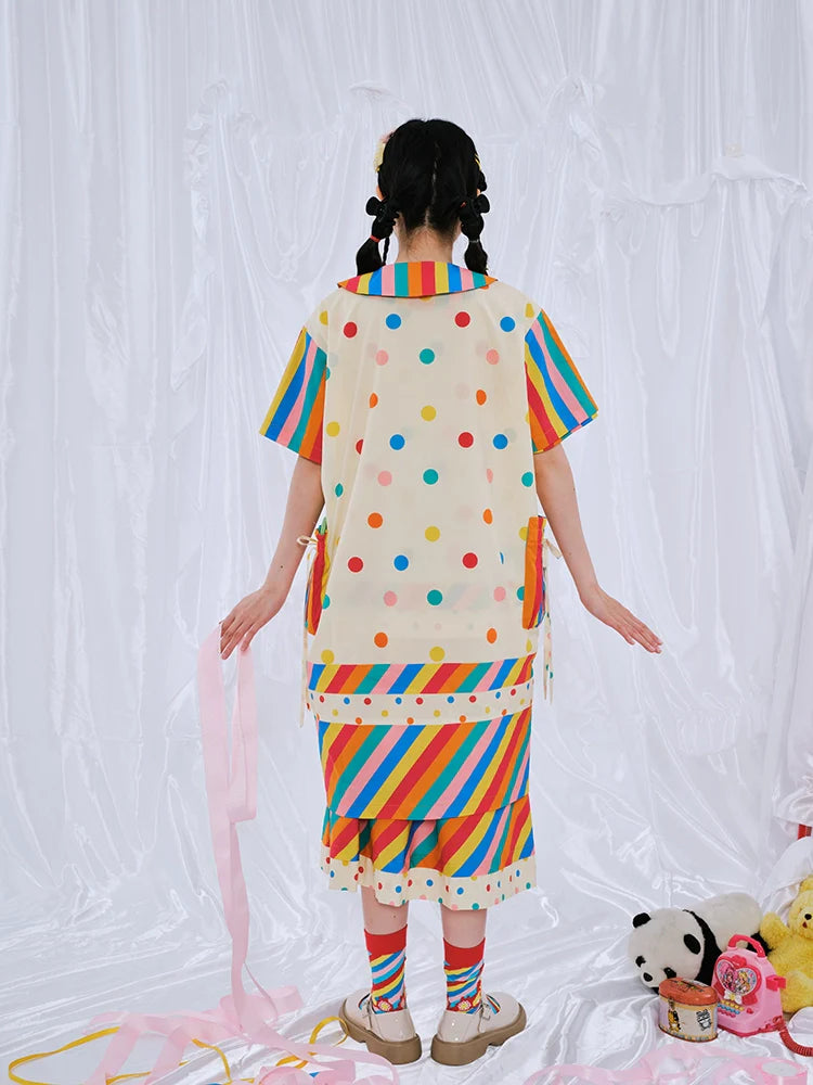 Rainbow Stripe Bear Polka Dot Dress