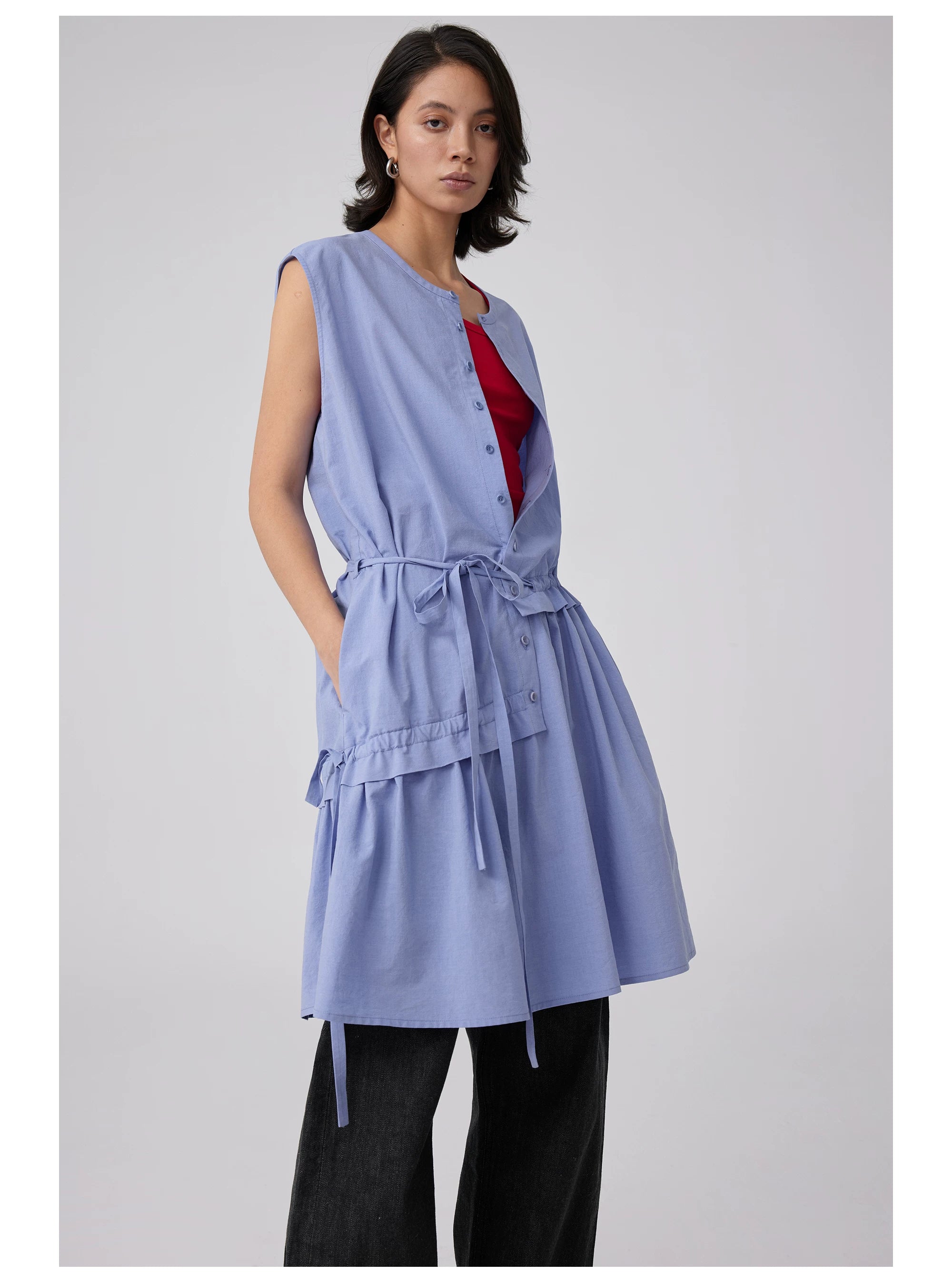 Sleeveless Button-Front Tie-Waist Dress