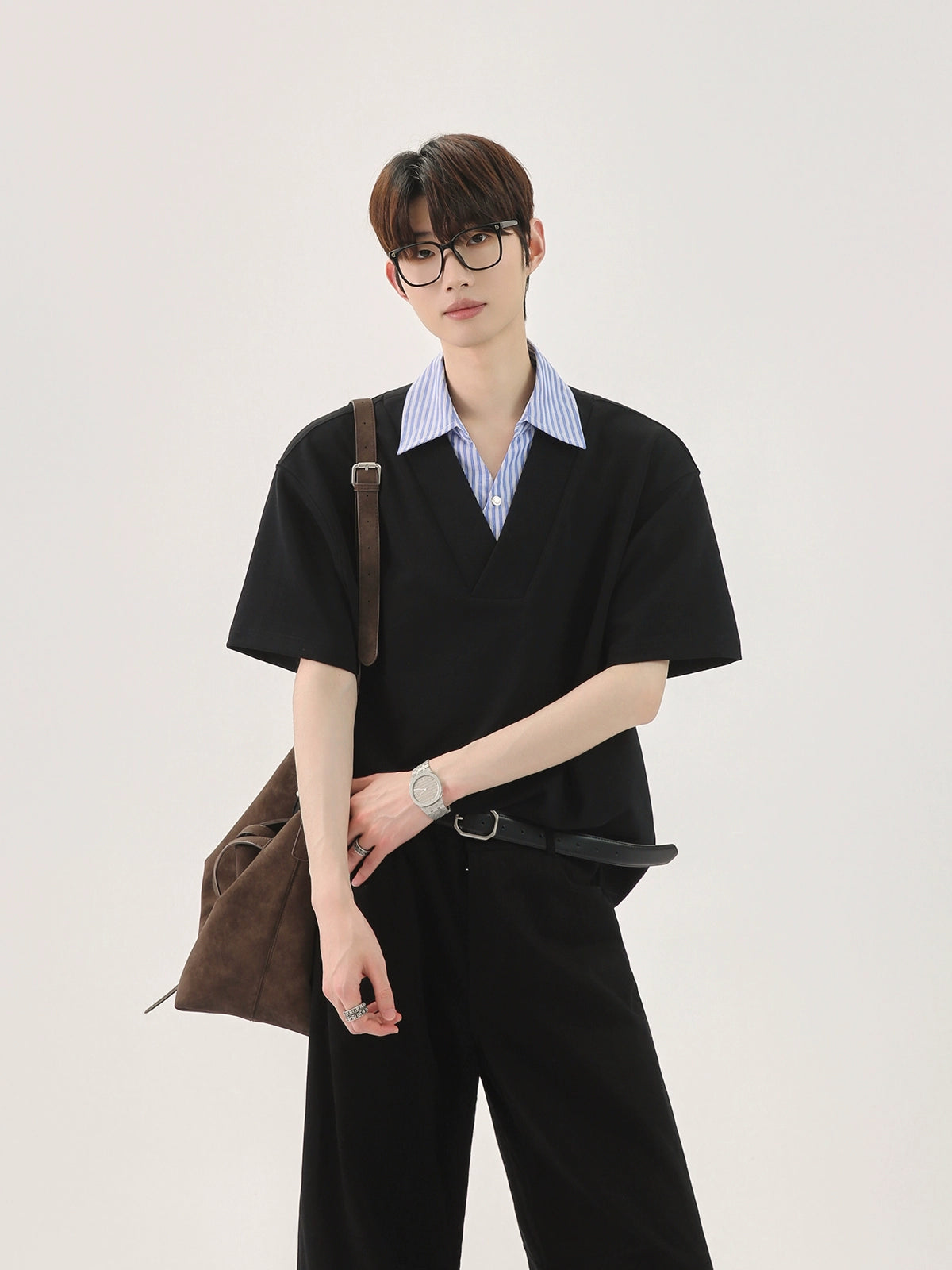 T-shirt with Faux Layered Blue Striped Shirt Collar and Placket