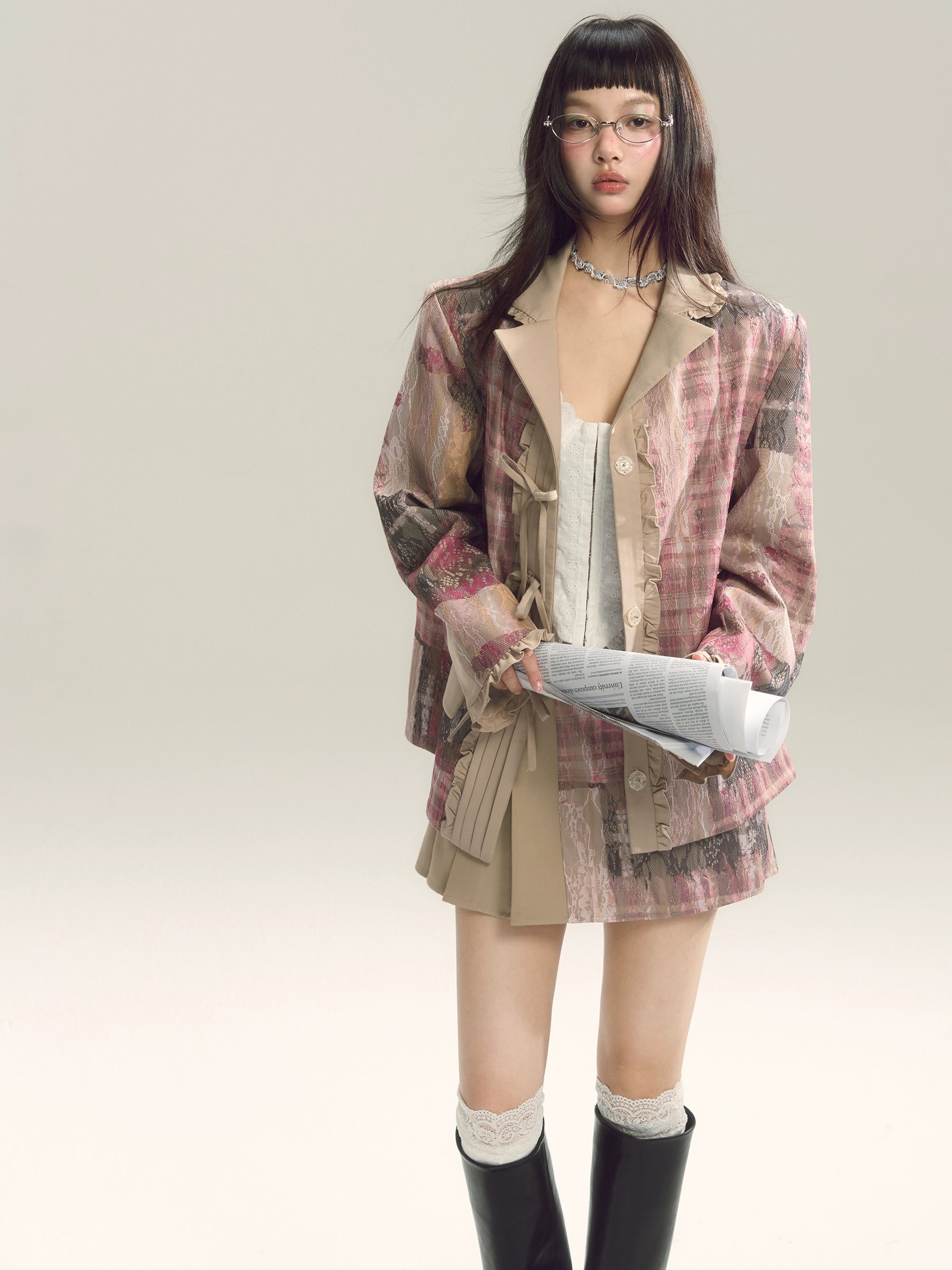 Pink Plaid Textured Blazer with Pleated Details and Beige Accents