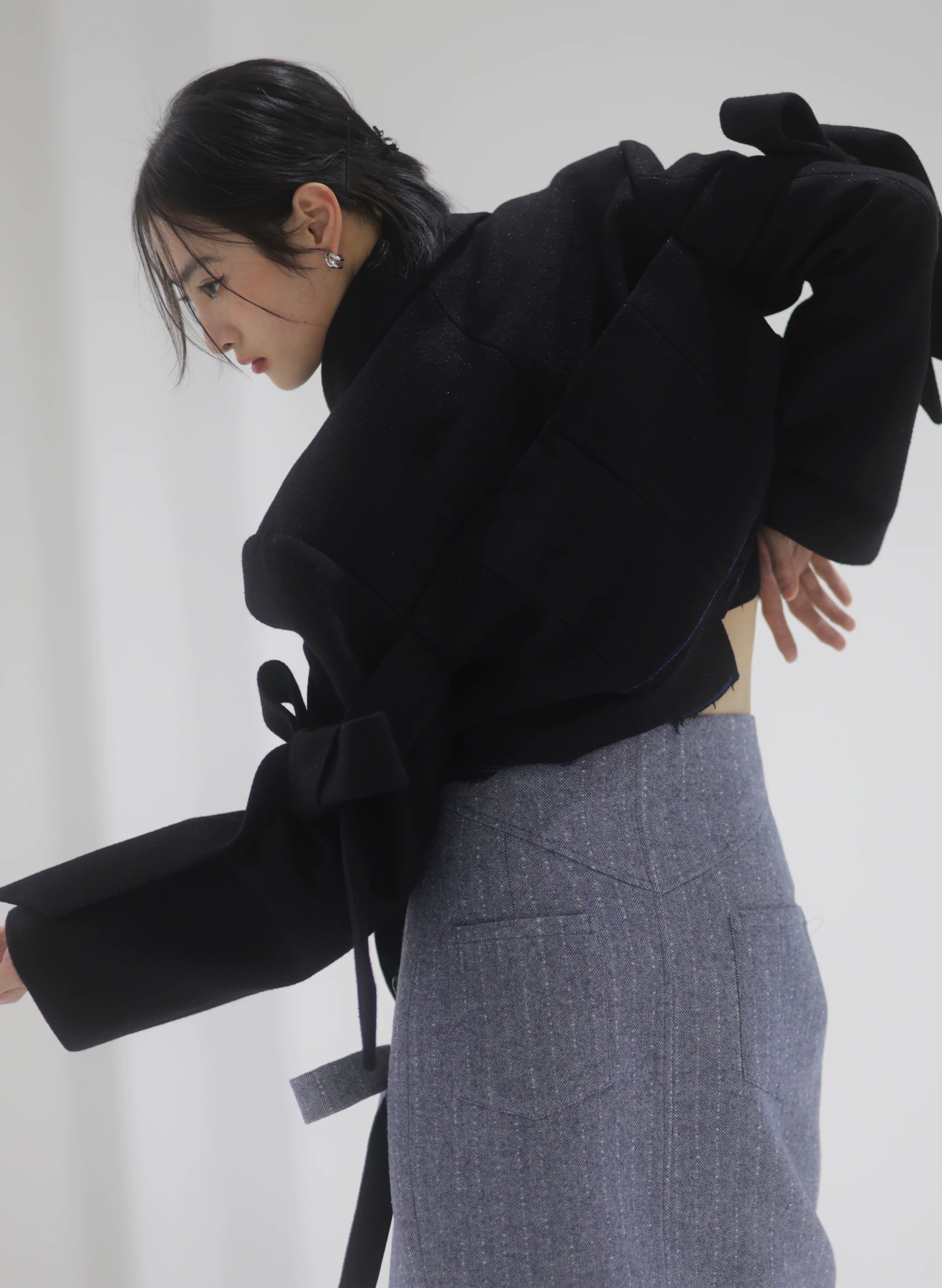 Steel Herringbone Pencil Midi Skirt