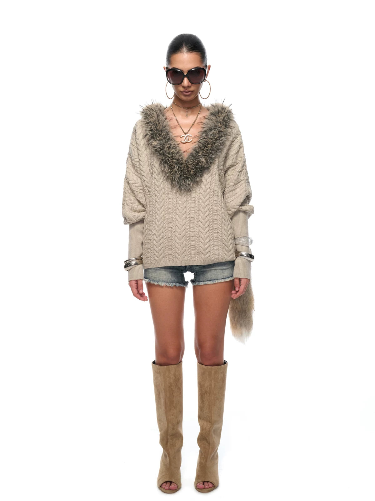 Frost Collar Slouchy Cable Knit Sweater