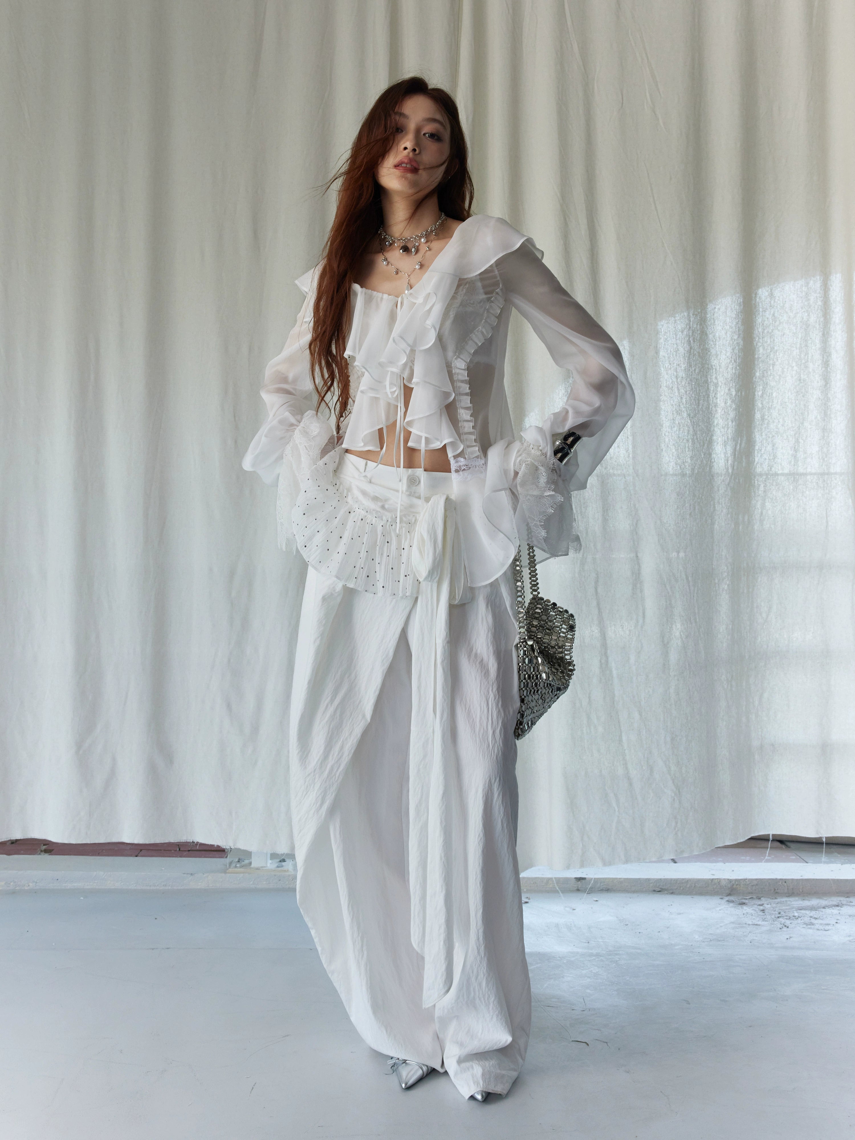 Ruffle Waist Wide-Leg Palazzo Pants