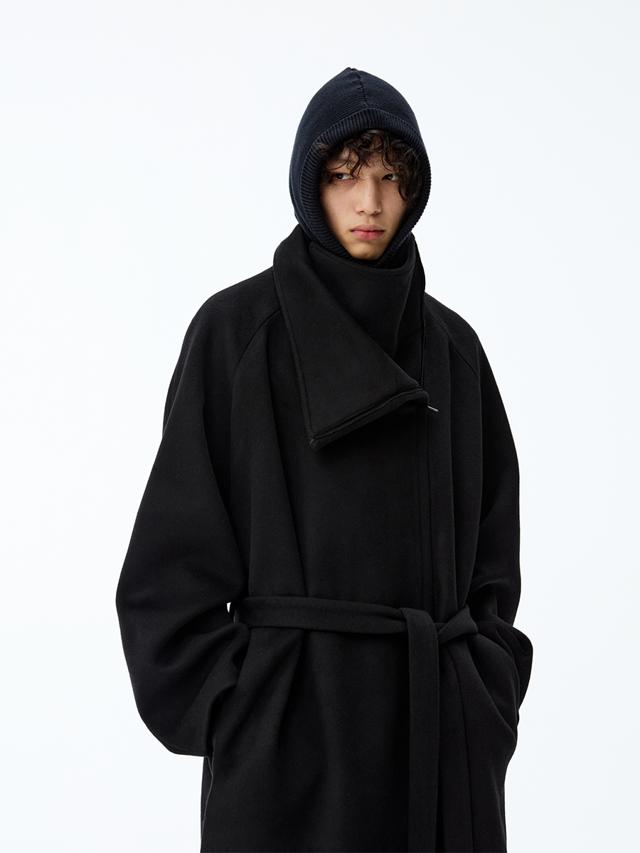 Black Funnel-Neck Belted Wool Coat