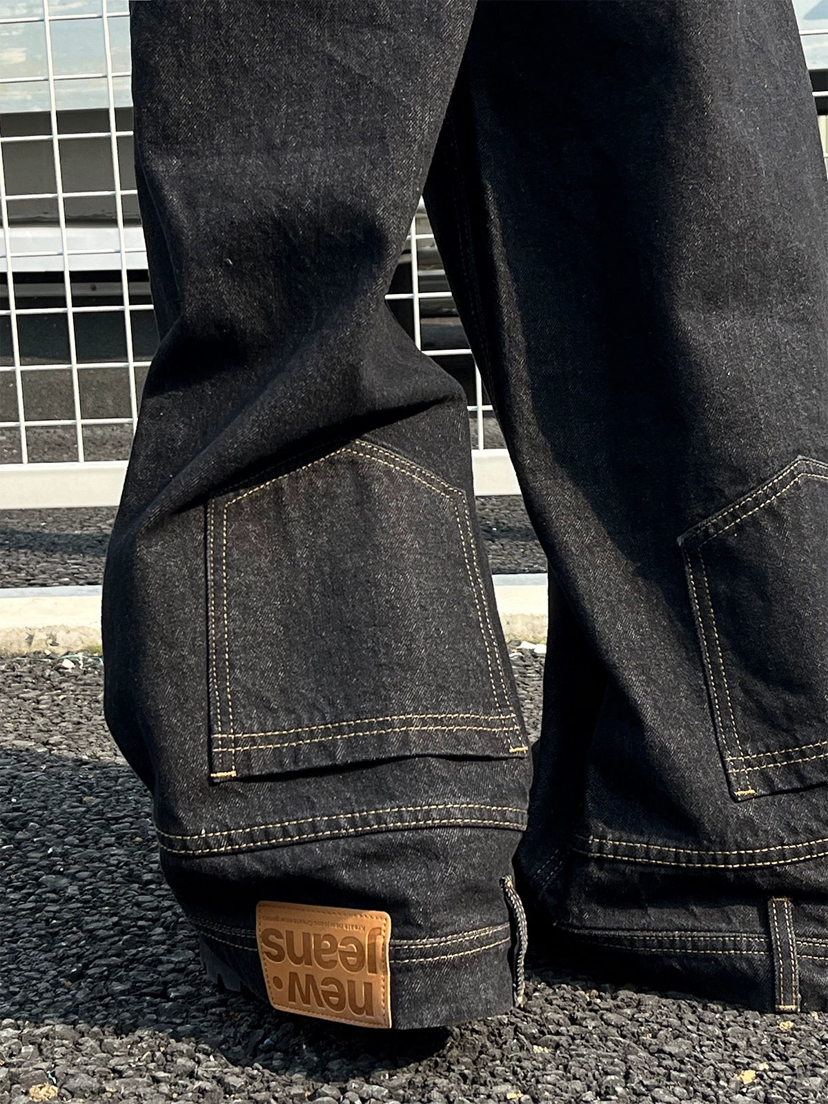 Wide-Leg Black Denim Jeans with Back Patch Pocket