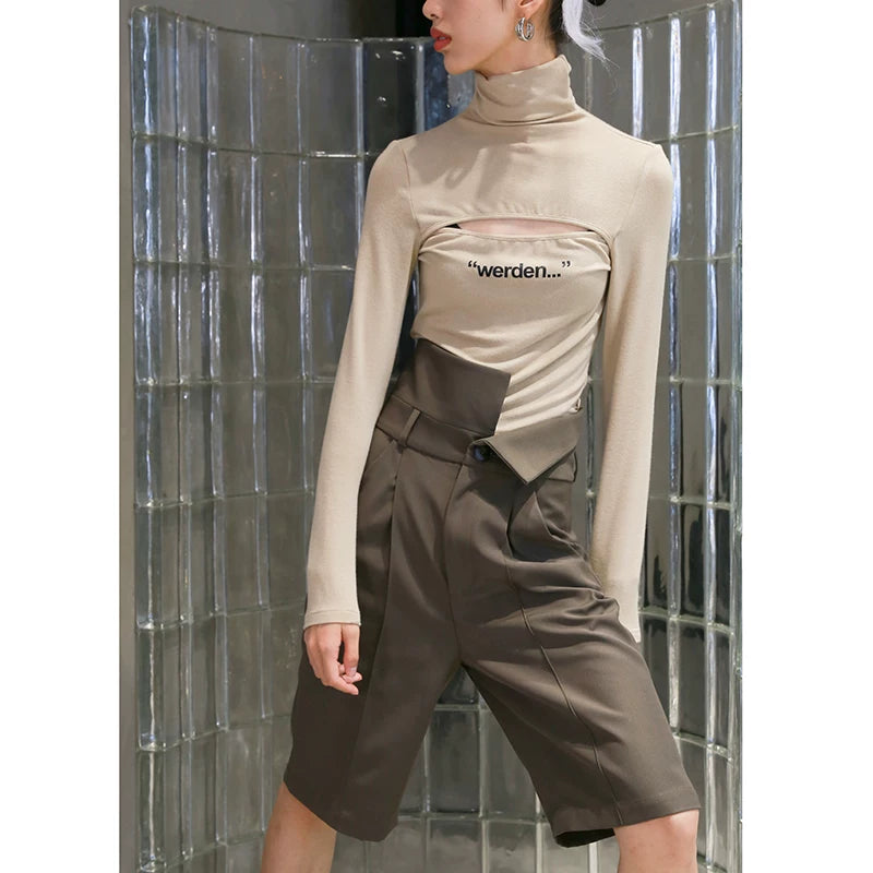 Sand Cutout Turtleneck Graphic Top
