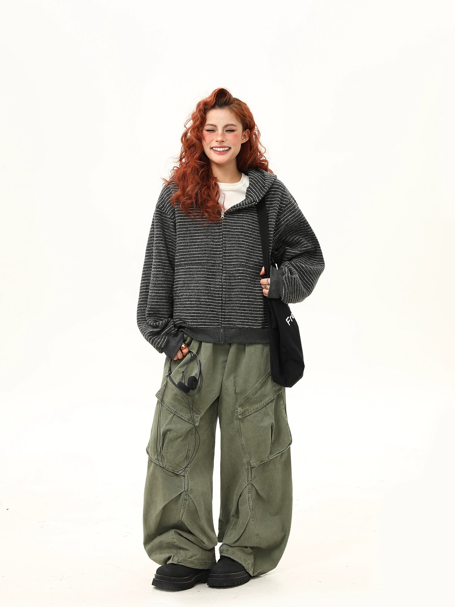 Oversized Striped Fleece Zip-Up Hoodie