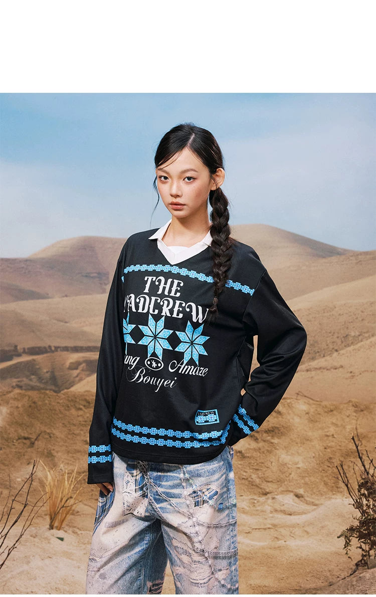 Geometric Graphic Collared Long Sleeve Shirt