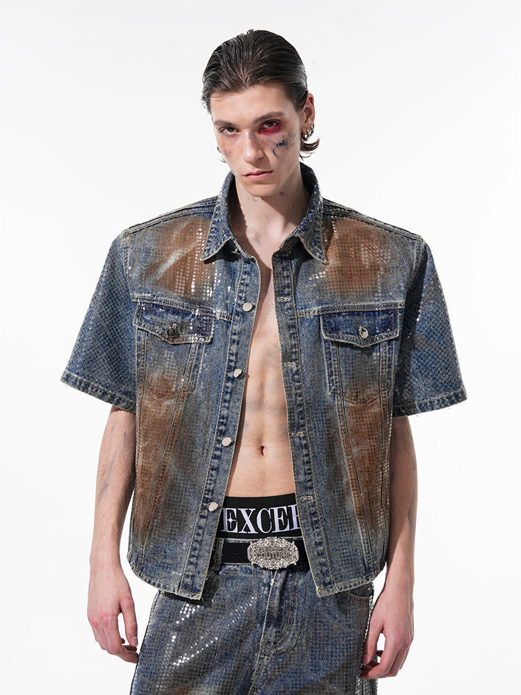 Hot Stamping Metallic Denim Jacket and Jeans Setup