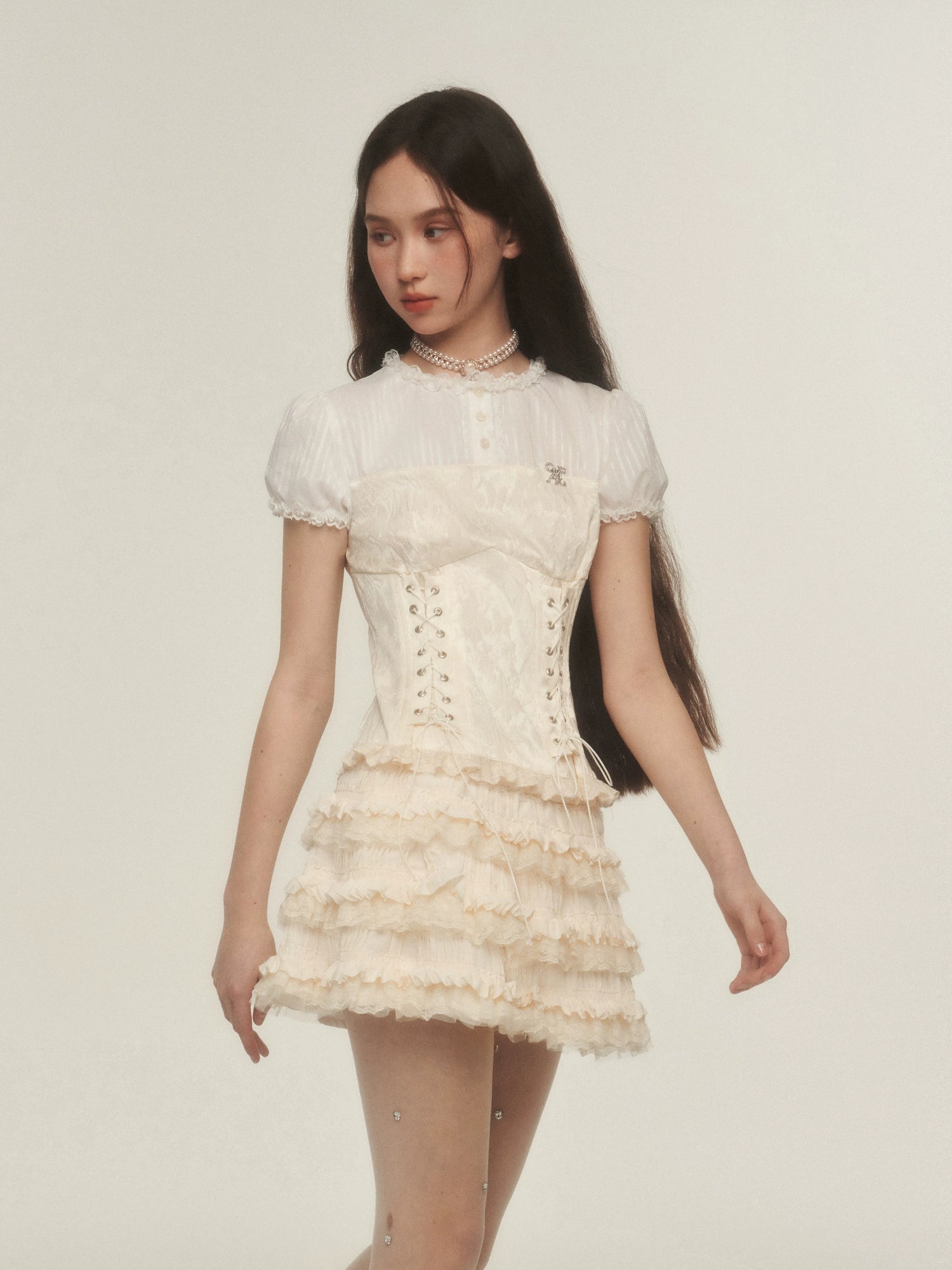 Victorian Style Corset Blouse with Puff Sleeves and Lace Trim