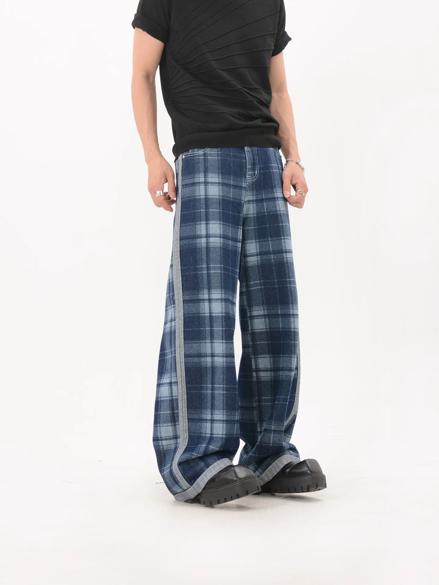 Blue Contrast Trim Plaid Wide Leg Pants
