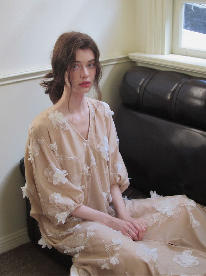 Floral Appliqué Sheer Maxi Dress
