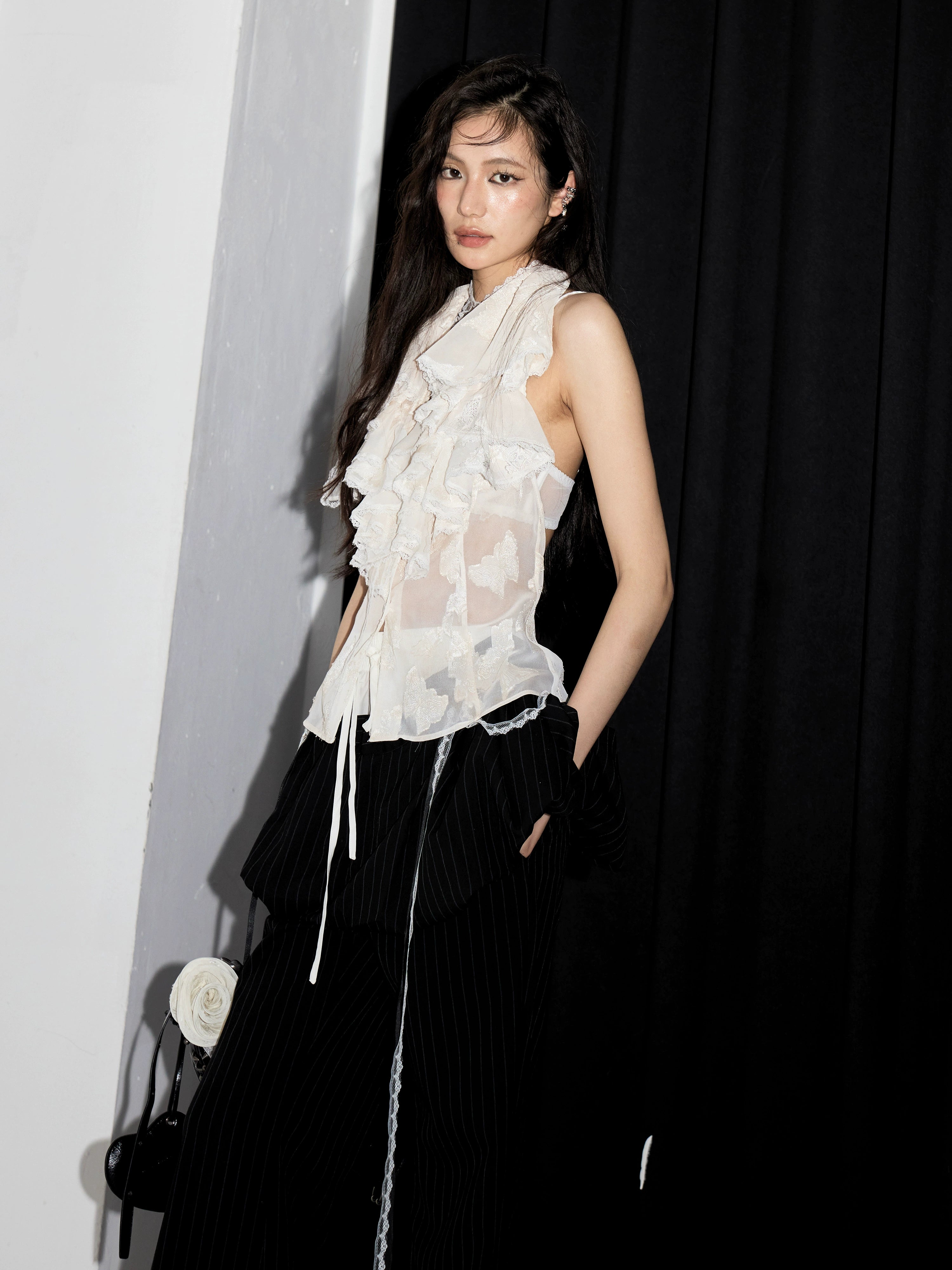 White Ruffle V-neck Sleeveless Blouse Top