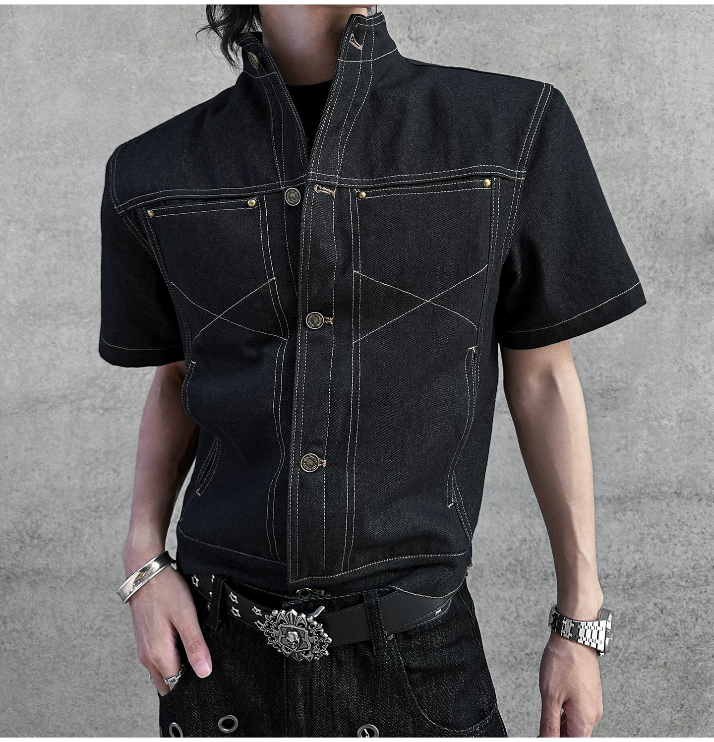 Iron Grid High-Collar Utility Denim Jacket