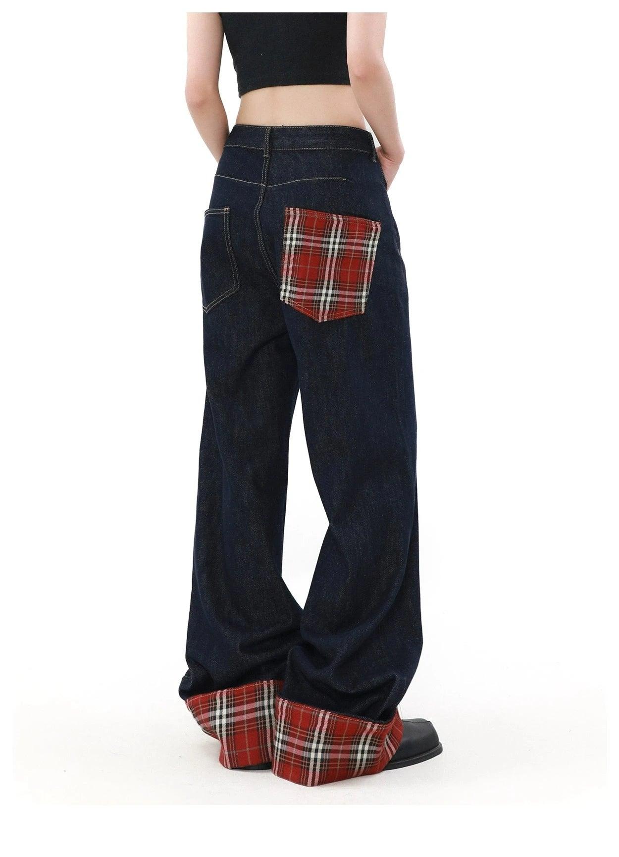 Jeans anchos de la pierna con fastidio a cuadros de mrnearly: mezclilla clásica unisex con un toque