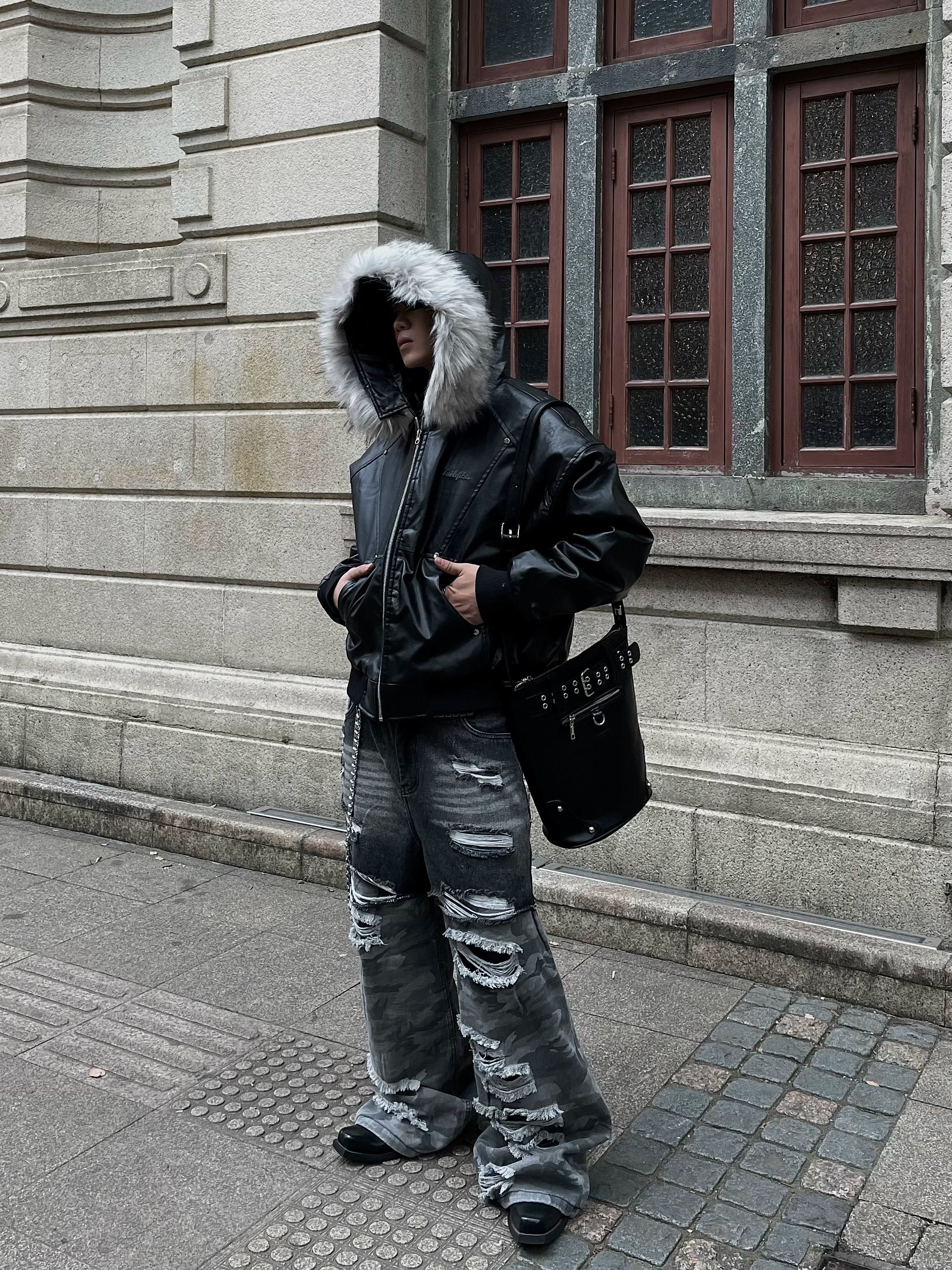 Onyx Frost Faux Fur Hooded Bomber Jacket