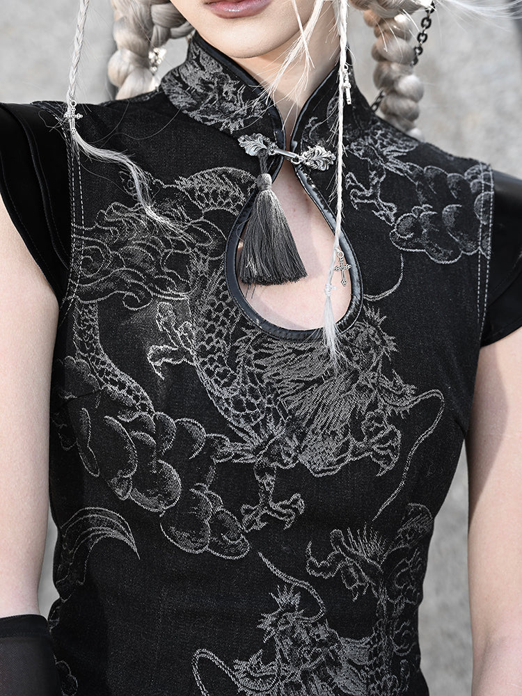 블랙 치파오 스타일 미니 드레스