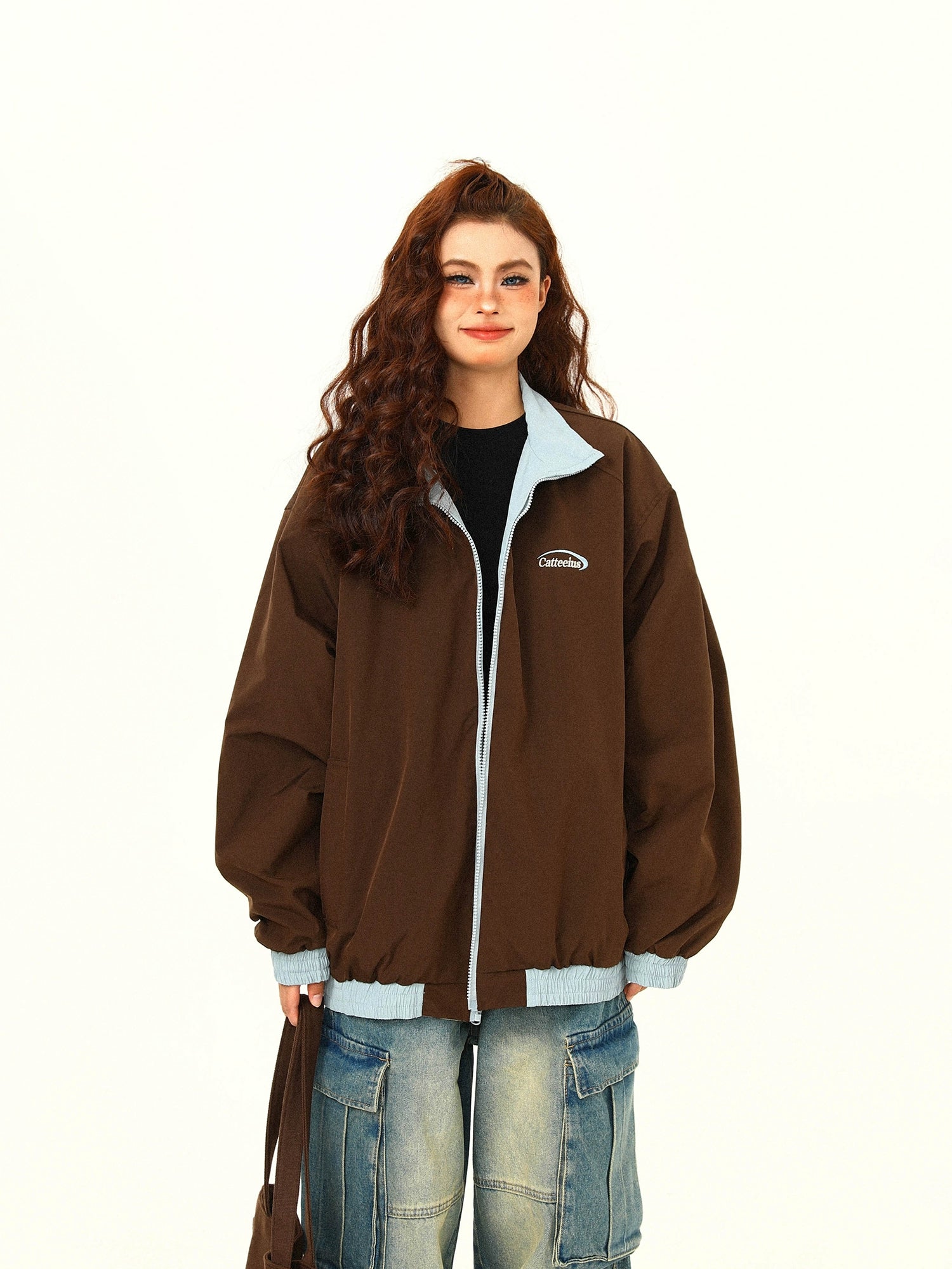 Contrast Collar Brown Bomber Jacket