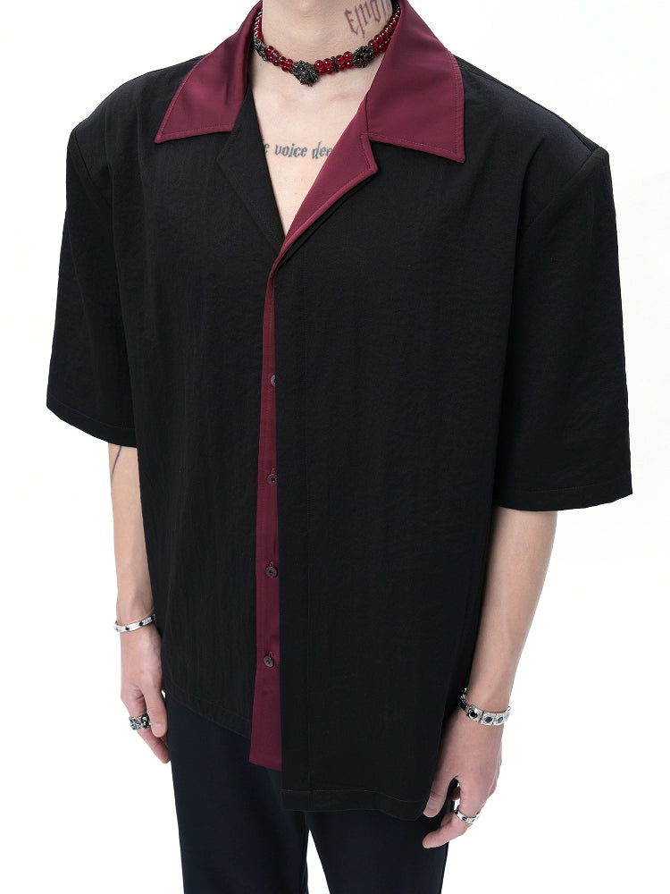 Black Short-Sleeve Button-Up Shirt with Burgundy Collar and Placket